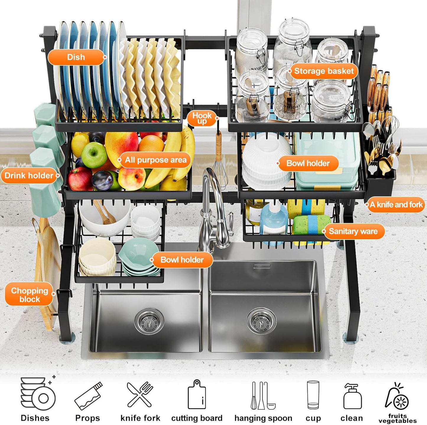 YKLSLH 4 Baskets Over The Sink Dish Drying Rack, Extendable Large Capacity Sink Rack, Metal Drying Rack Saving Space,for Most Sinks (26.57"-35")