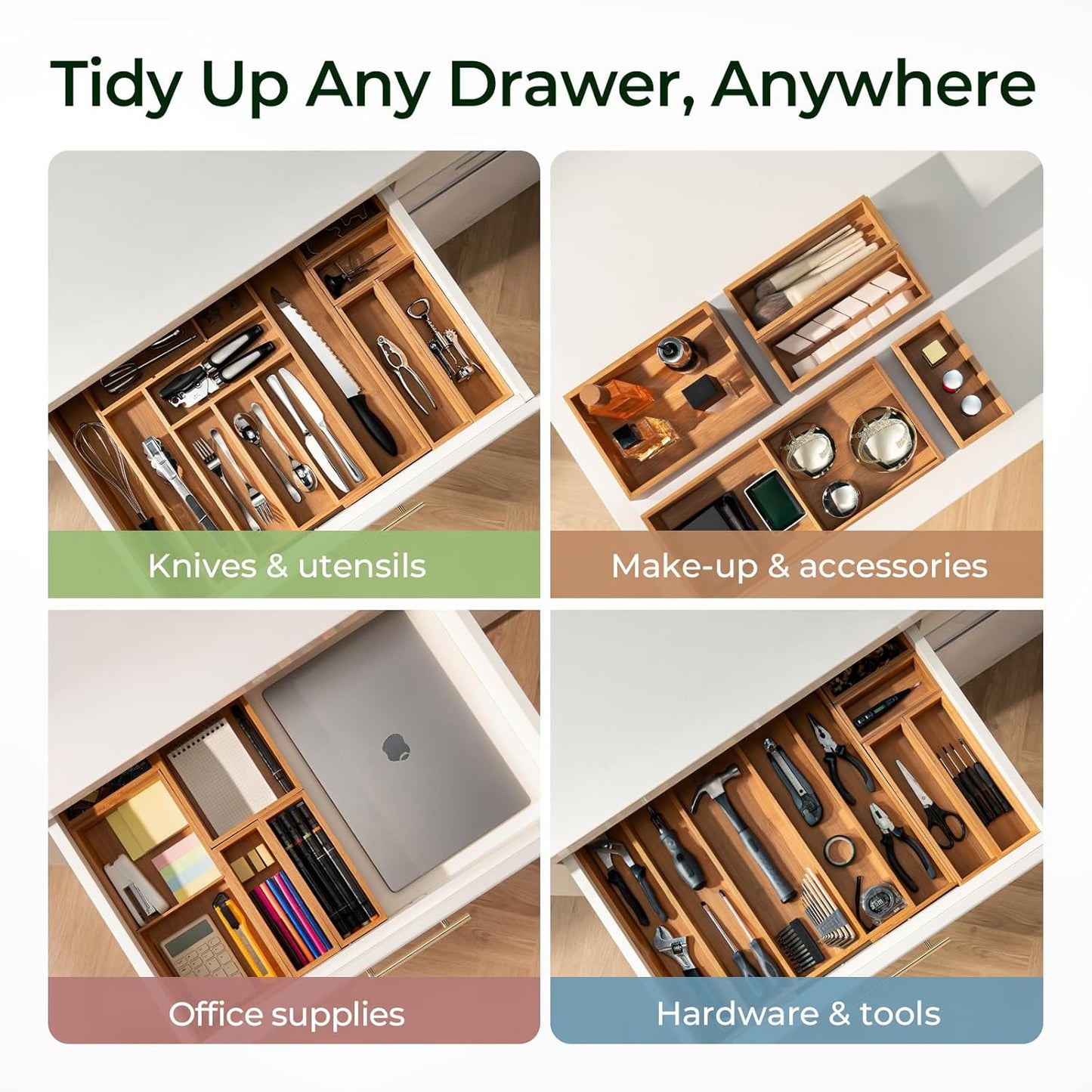 keechee Carbonized Bamboo Kitchen Drawer Organizer, 10 Slots Expandable Silverware Organizer, Utensil Holder & Cutlery Tray, 2.2" Deep for Extra Capacity, Non-Slip Feet Included