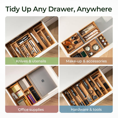 keechee Carbonized Bamboo Kitchen Drawer Organizer, 10 Slots Expandable Silverware Organizer, Utensil Holder & Cutlery Tray, 2.2" Deep for Extra Capacity, Non-Slip Feet Included