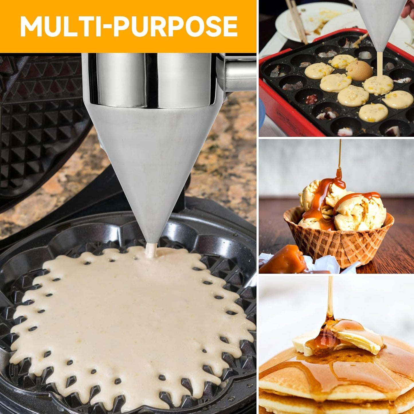 Stainless Steel Pancake Batter Dispenser with Squeeze Handle, Multi-Nozzle Funnel Cake Stand for Pancakes, Cupcakes, Takoyaki, Chocolate Balls, and Baked Goods, Multi-Caliber Design (1200 ml)