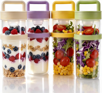 4 Pack Salad Cup with Dressing Container and Spoons - Portable Plastic Salad Prep Containers to Go - Leak-Proof Yogurt Parfait Cups - 2-Tier Meal Prep Containers for Breakfast & Lunch, Office, School