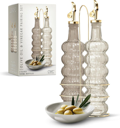 COOK WITH COLOR Glass Olive Oil Bottle Dispenser - 2 Pack- 17oz Oil and Vinegar Cruet - Olive Oil Carafe Decanter for Kitchen, Elegant Waves, Clear