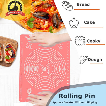 Rolling Pin Silicone Baking Pastry Mat Set,Pizza Dough Roller Baking Mat for Rolling Dough Non Slip Extra Large with Measure,Kitchen Counter Mat for Pie,Crust,Cookies,Bread,Pastries,Pasta, 15.7" x 24"