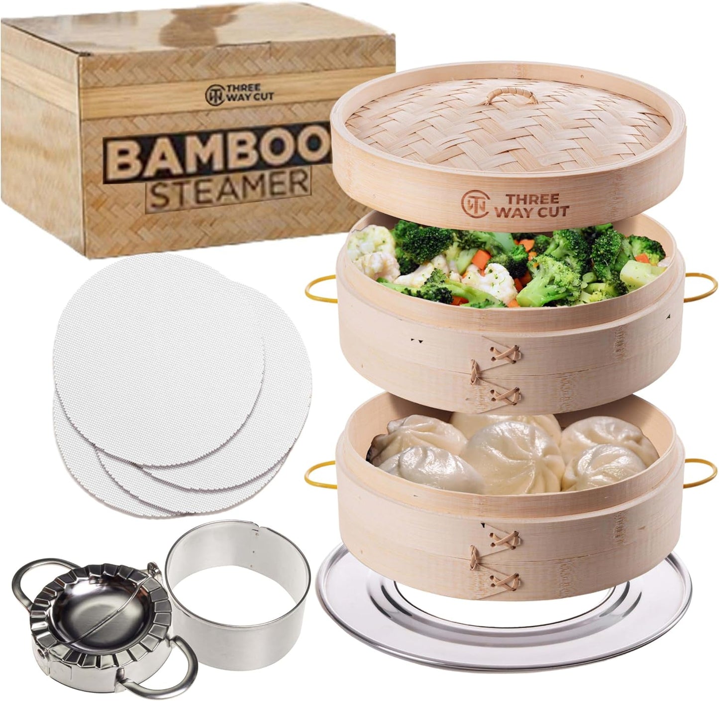 Bamboo Steamer 10 Inch 2 Tier Wooden Basket With Handle, Ring Adapter, Reusable Silicone Liner, Kit For Cooking Dumpling Baby Bao Bun, Dim Sum, Rice Potsticker Steaming Chinese Asian Food & Vegetables