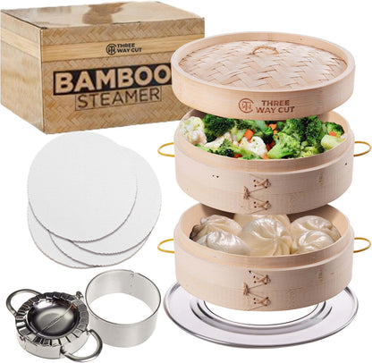 Bamboo Steamer 10 Inch 2 Tier Wooden Basket With Handle, Ring Adapter, Reusable Silicone Liner, Kit For Cooking Dumpling Baby Bao Bun, Dim Sum, Rice Potsticker Steaming Chinese Asian Food & Vegetables