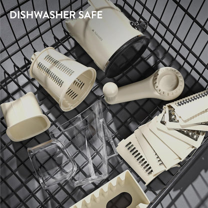 Navaris Rotary Cheese Grater with 5 Blades - Vegetable Shredder, Strong Suction Base, Mandoline Slicer for Fruit, Nuts, Dishwasher Safe, with Storage Box, Easy to Clean, Cream