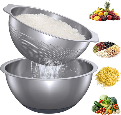 304 Stainless Steel Colander, 2.5 QT Capacity and 2.5 QT Mixing Bowl, Micropore Strainer for Washing Rice, Fruit, and Veggies, Perfect Draining for Cooked Pasta