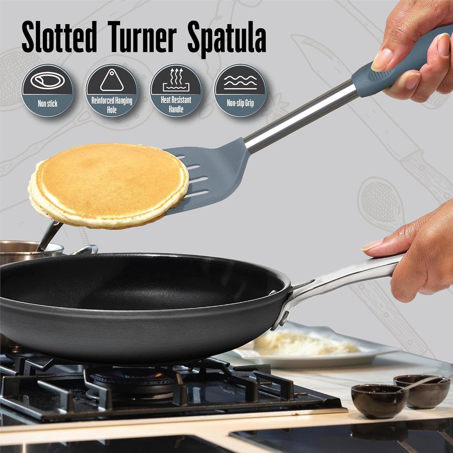 Silicone Spatula Set (2-Pc) - 600°F Heat Resistant, BPA Free, Non-Scratch, Dishwasher Safe I Slotted & Solid Kitchen Spatula Turners I Ideal for Eggs, Pancakes, Fish I Stainless Steel I Gray