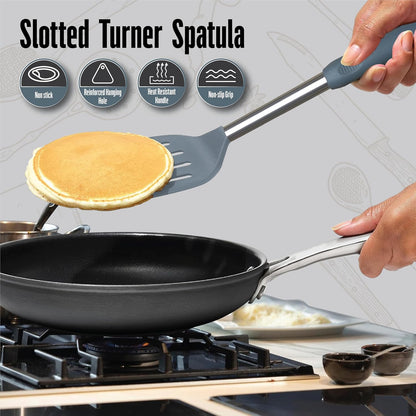 Silicone Spatula Set (2-Pc) - 600°F Heat Resistant, BPA Free, Non-Scratch, Dishwasher Safe I Slotted & Solid Kitchen Spatula Turners I Ideal for Eggs, Pancakes, Fish I Stainless Steel I Gray