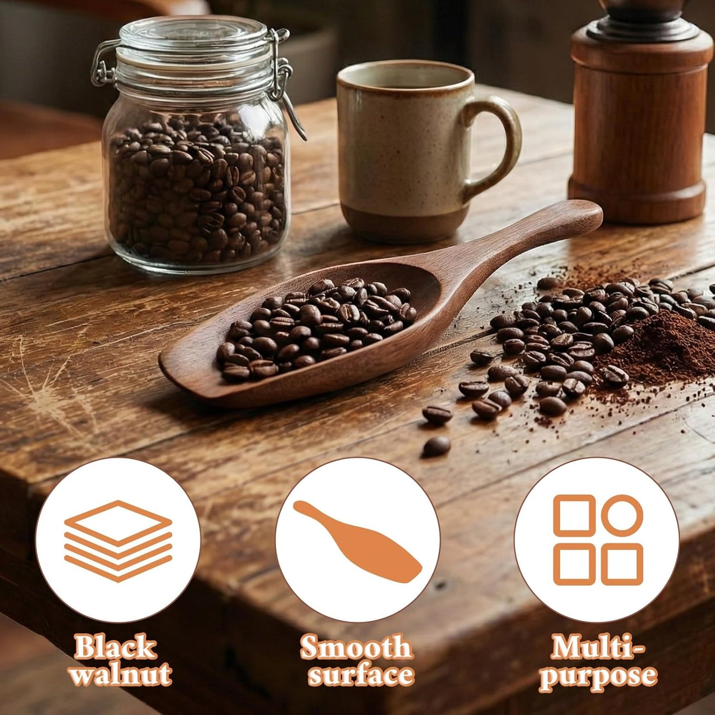 1 Tbsp Wooden Coffee Scoop – Black Walnut Solid Wood Measuring Spoon for Coffee, Tea, Baking & Bath Salts, Hand-Finished Rustic Kitchen Gadget for Canisters & Jars