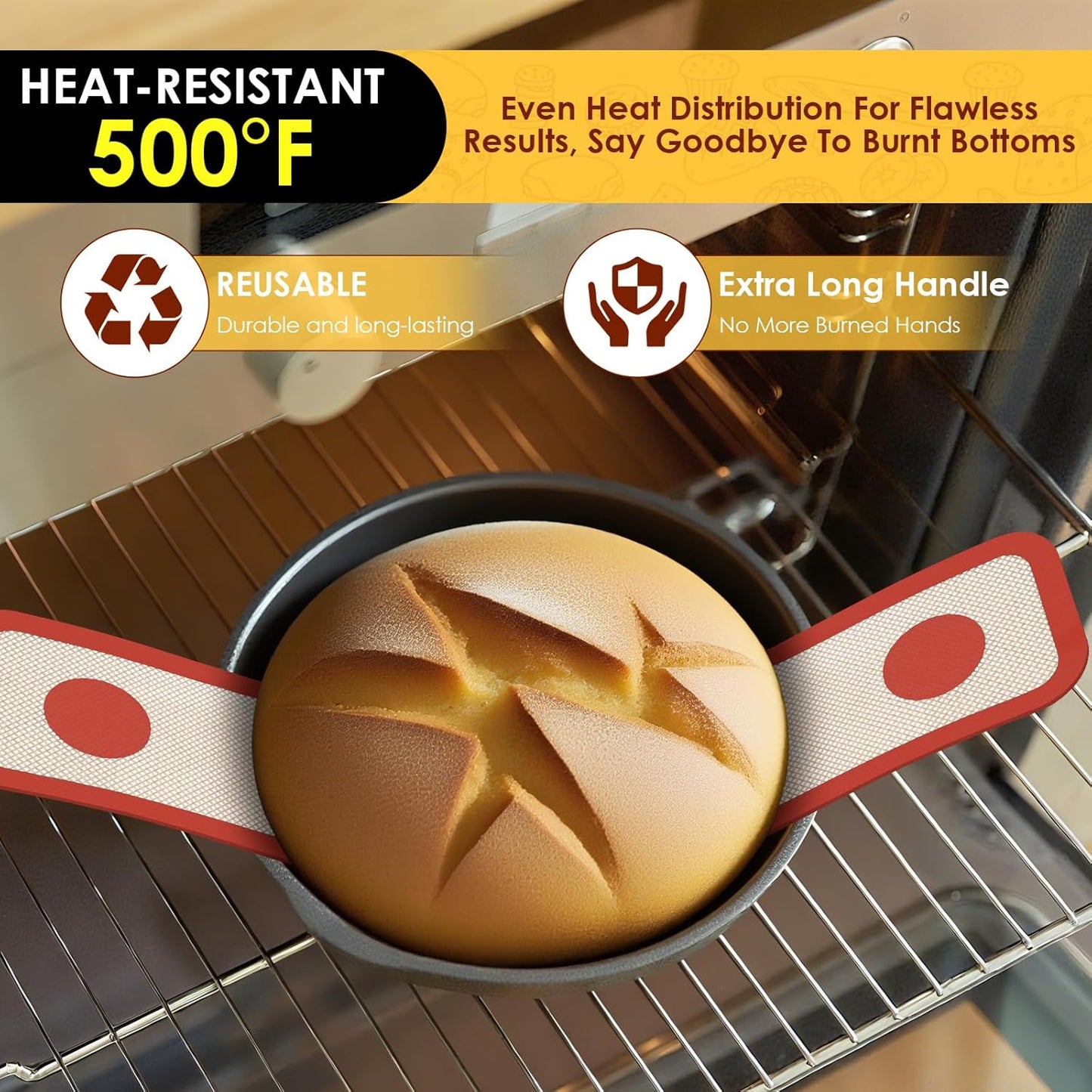 HOTEC Silicone Bread Sling for Dutch Oven - 2 Pack Non-Stick Baking Mat with Long Handle Easy to Transfer Sourdough Bread, Reusable Heat Resistant to 500°F/260°C Dutch Oven Liners Baking Supplies