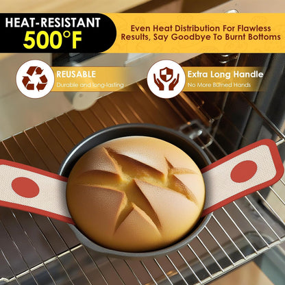 HOTEC Silicone Bread Sling for Dutch Oven - 2 Pack Non-Stick Baking Mat with Long Handle Easy to Transfer Sourdough Bread, Reusable Heat Resistant to 500°F/260°C Dutch Oven Liners Baking Supplies