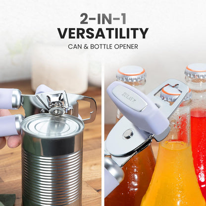 Zulay Kitchen Heavy Duty Stainless Steel Can Opener Manual with Bottle Opener - Rust Proof Manual Can Opener With Turn Knob & Comfy Soft Grip Handles - Black