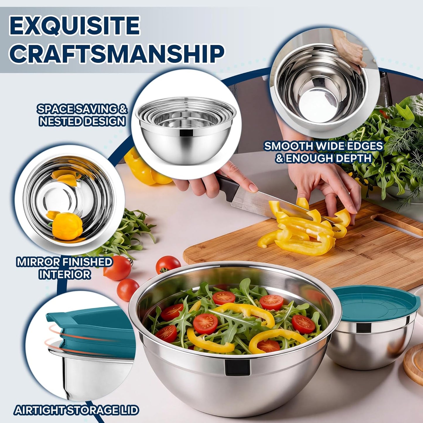 E-far Mixing Bowls with Lids, 6-Piece Stainless Steel Salad Bowls Metal Nesting Bowls for Baking Cooking and Prepping, Airtight Lids & Stackable Design, Size 4.5, 3, 1.5 QT (Black)