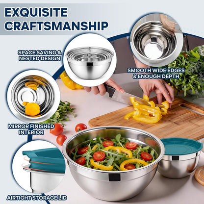 E-far Mixing Bowls with Lids, 6-Piece Stainless Steel Salad Bowls Metal Nesting Bowls for Baking Cooking and Prepping, Airtight Lids & Stackable Design, Size 4.5, 3, 1.5 QT (Black)