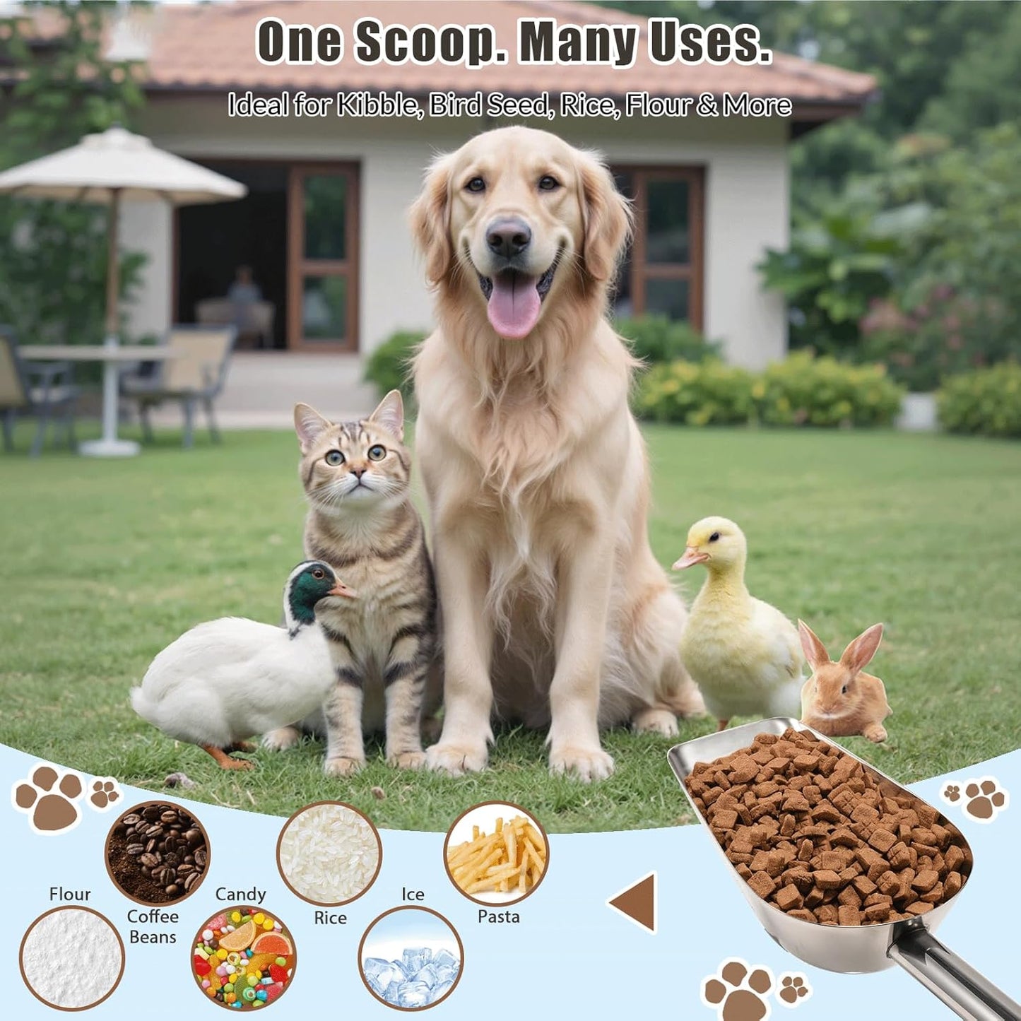 Dog-Cat Food Scoop 1 Cup – Thickened 304 Stainless Steel Pet Food Scoop with Long Handle, Precision Scale, Easy to Clean, Suitable for Wet Dry Food