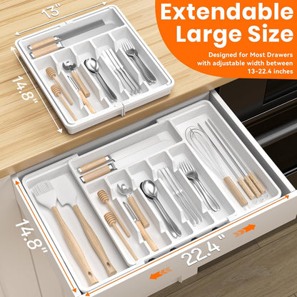 RoomHacks Large Silverware Organizer,Expandable Utensil Drawer Organizer,BPA Free Utensil Holder,Adjustable Silverware Tray Cutlery Drawer Organizer for Kitchen Flatware,Large,Black (6-8 Slots)