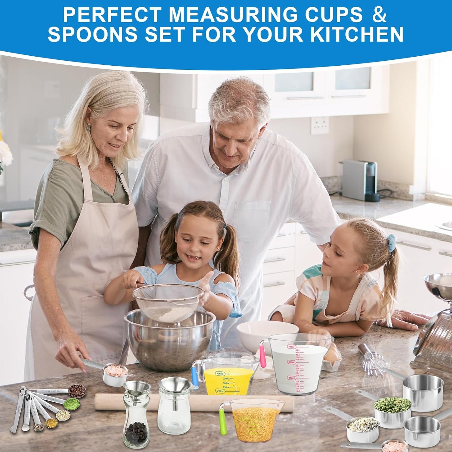 Measuring Cups and Spoons Set 22 Piece, 11 Stainless Steel Nesting Measuring Spoons and Cups with 4 Plastic Measuring Cup, 3 Funnel, 3 Brush, 1 Ruler, Measuring Cup Set for Kitchen Baking Liquid Dry
