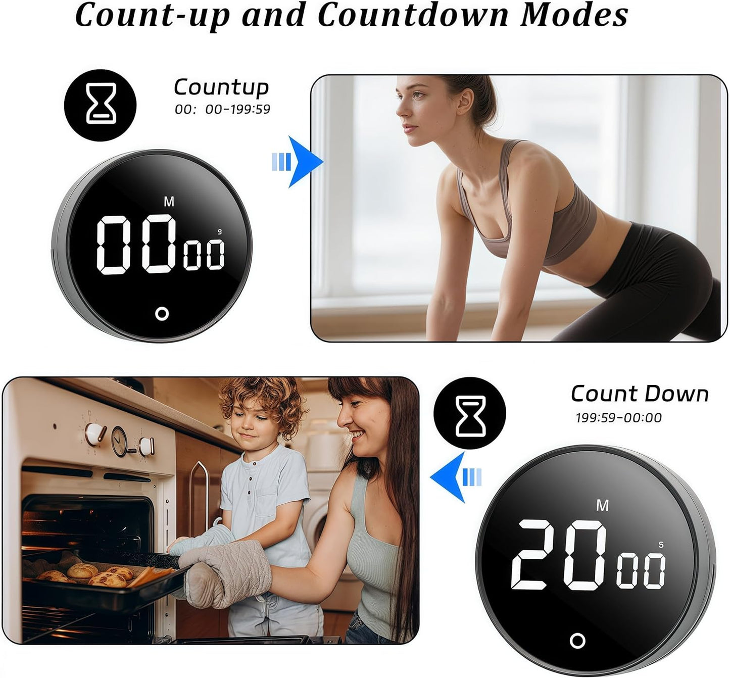 Digital Kitchen Timer - Magnetic 199-Minute Countdown Countup Timer with Large LED Display,Volume Adjustable, Visual timers for Cooking,Gym,Meeting,Classroom,Study,Work,Outdoor Activities,Black