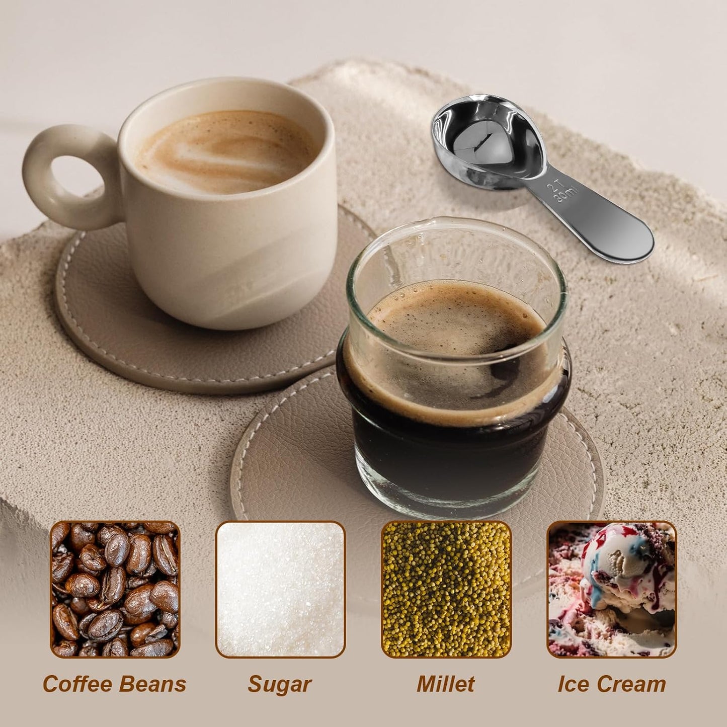 Coffee Scoops 2Tbs (30ml/ 1/8 Cup / 1 oz), Black 304 Stainless Steel Coffee 2 Tablespoon Scoop Short Handle Measuring Spoon, Set of 2