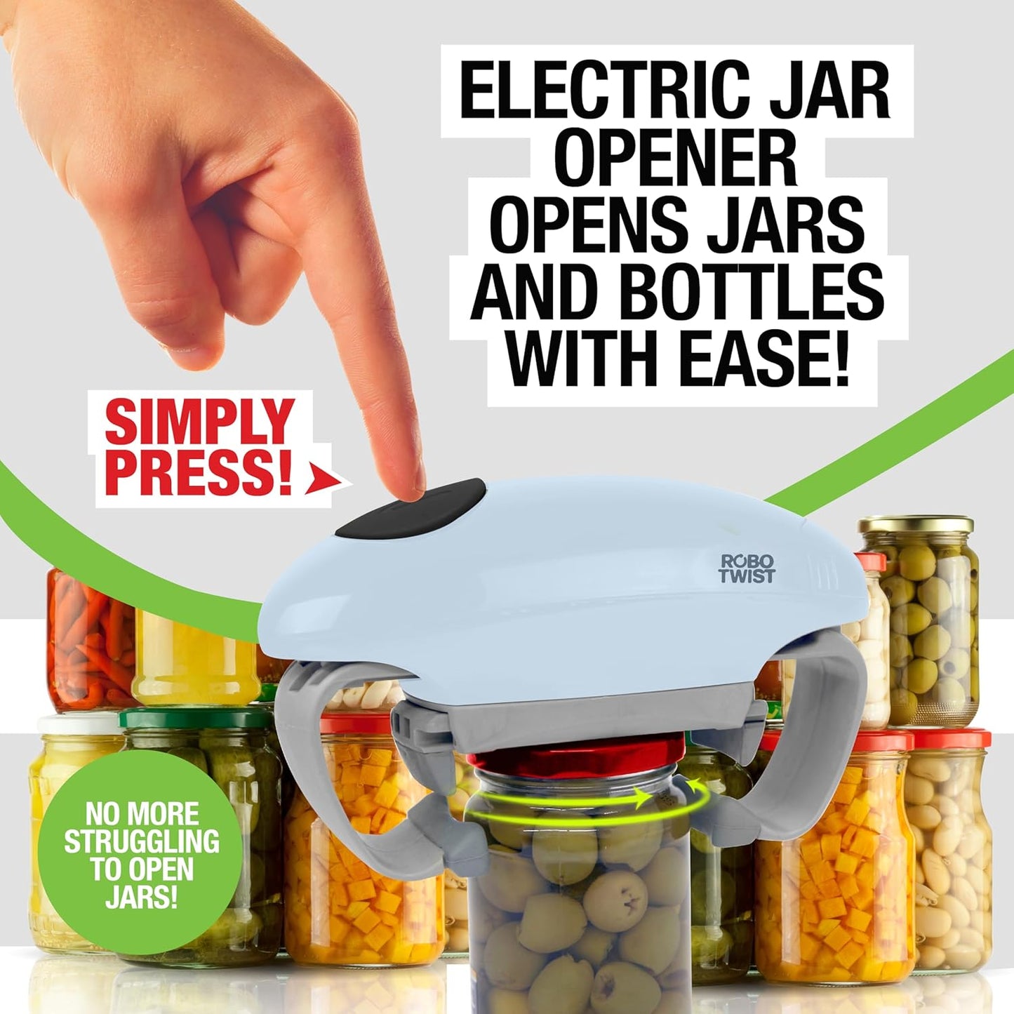 Robotwist Higher Torque Electric Jar Opener for Weak Hands, Automatic Lid Opener for Seniors with Arthritis, One Touch Battery Operated, Hands-Free, Fits 1.2-3.5" Jars, Deluxe Model, Sage Green