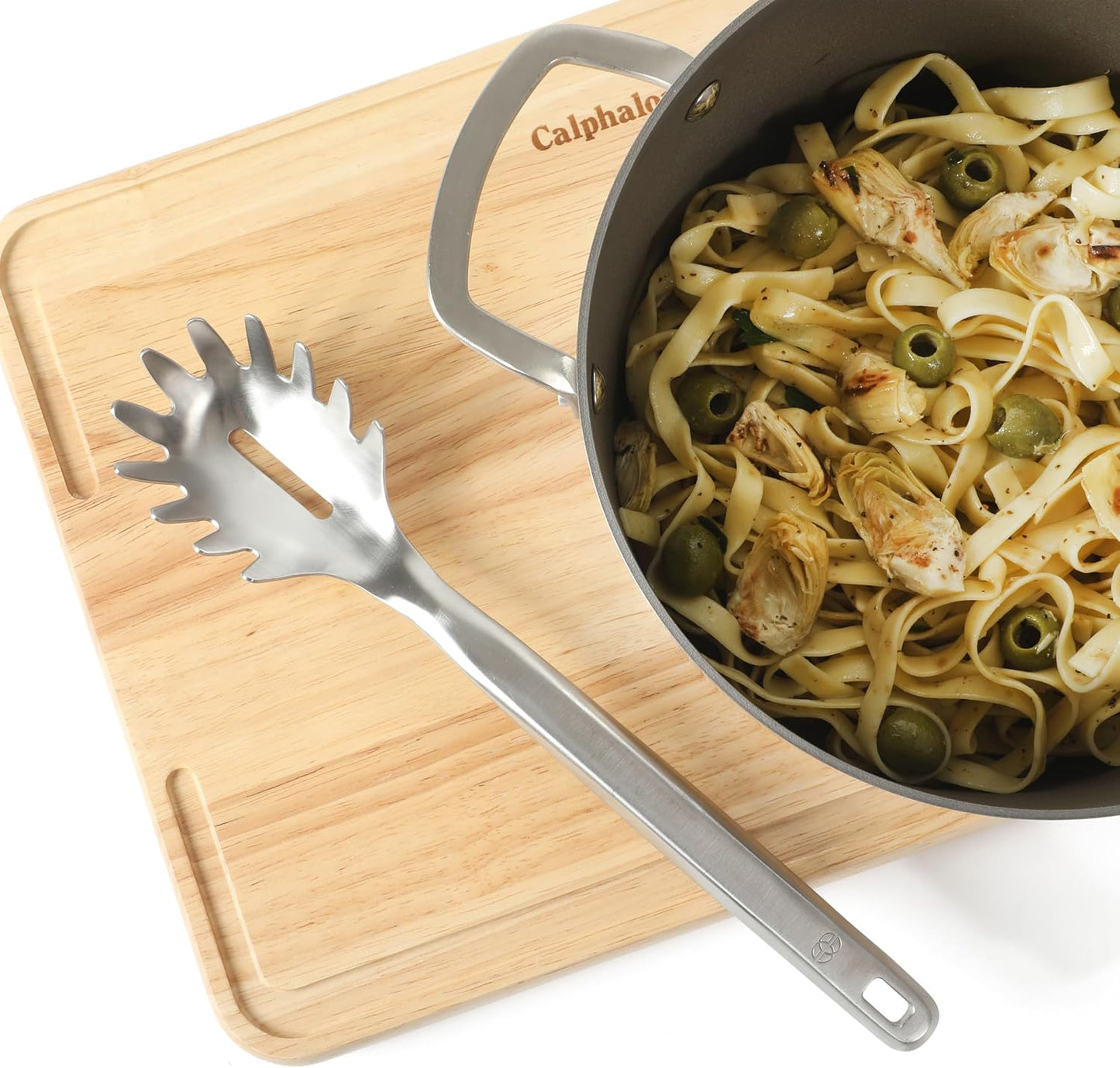 Calphalon Prime Pasta Server, Stainless Steel Pasta Serving Spoon for Spaghetti, Noodles & Pasta, Heavy-Gauge Heat-Resistant Utensil with Weighted Handle