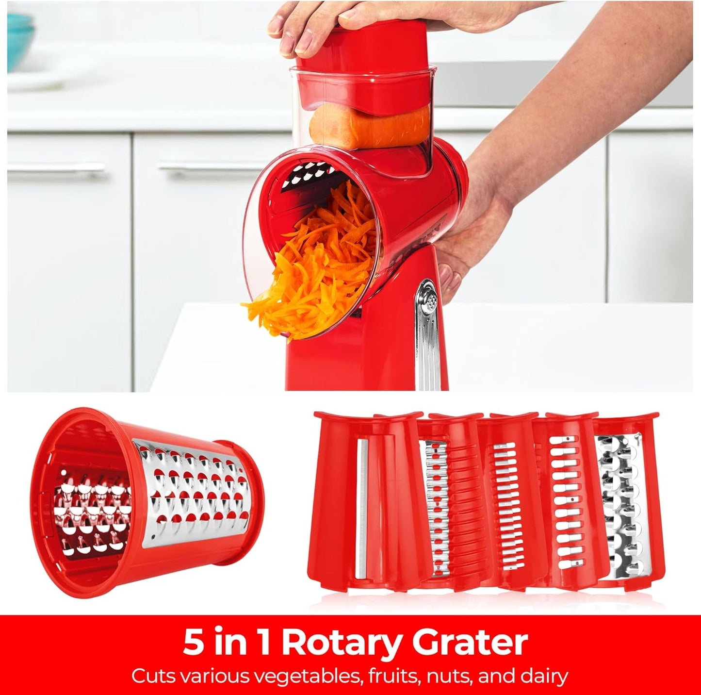 SUSTEAS Rotary Cheese Grater with Handle - Vegetable Shredder with 5 Well-designed Blades & Strong Suction Base,Round Mandoline Slicer & Food Chopper for Kitchen,with Blade Storage Box(Beige)
