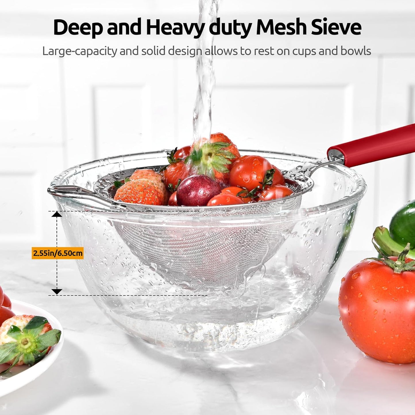 U-Taste Medium Fine Mesh Strainer: 18/8 Stainless Steel 4.73in 30 Mesh Kitchen Food Sieve with Sturdy Riveted Silicone Handle, Heavy Duty Deep Handheld Metal Colander for Rice, Quinoa, Flour (Black)
