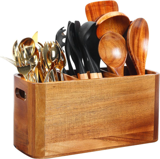 Kitchen Utensil Holder for Counter or Countertop, Extra Large Acacia Wood Organizer with 4 Compartments, Wooden Storage for Cooking and Silverware, Rustic Minimalist Decor, Sturdy Utensil Crock
