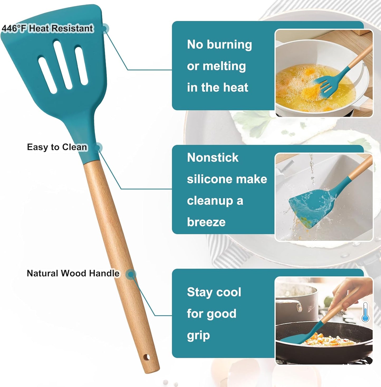 E-far Silicone Cooking Utensils Set, 10-Piece Heat Resistant Kitchen Utensils Set with Wooden Handle for Nonstick Cookware, Kitchen Nonstick Tools Spatula Whisk Tongs Ladle, Non-toxic & Healthy(Khaki)