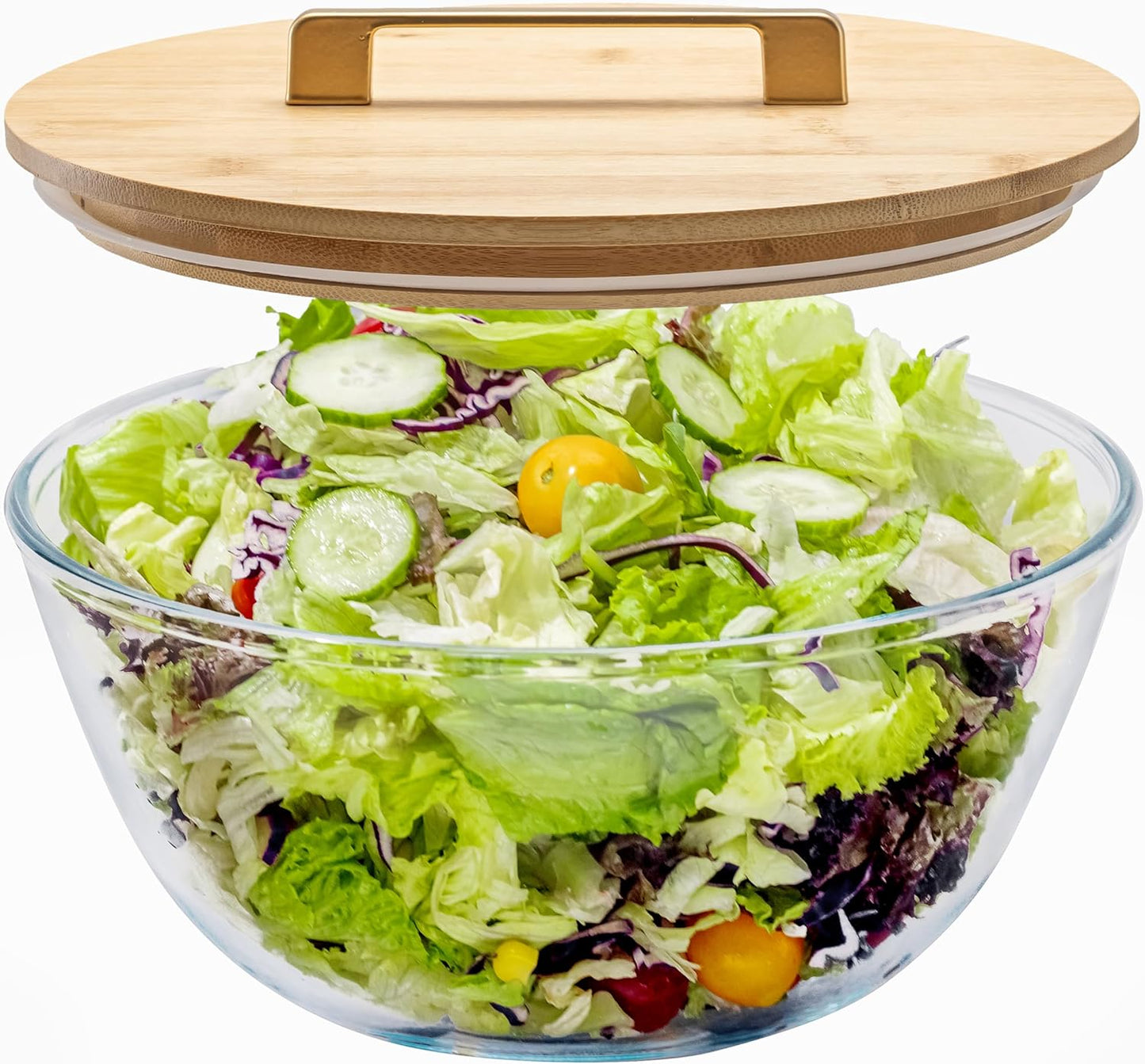6.5Qt Extra Large Glass Mixing Bowl with Lid, Clear Large Salad Bowls with Airtight Bamboo Lid & Handle,Thickened Glass Big Mixing Bowls Cooking Bowl for Food Prep, Kitchen,Dinner, Borosilicate Glass
