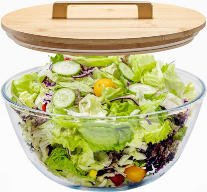 6.5Qt Extra Large Glass Mixing Bowl with Lid, Clear Large Salad Bowls with Airtight Bamboo Lid & Handle,Thickened Glass Big Mixing Bowls Cooking Bowl for Food Prep, Kitchen,Dinner, Borosilicate Glass