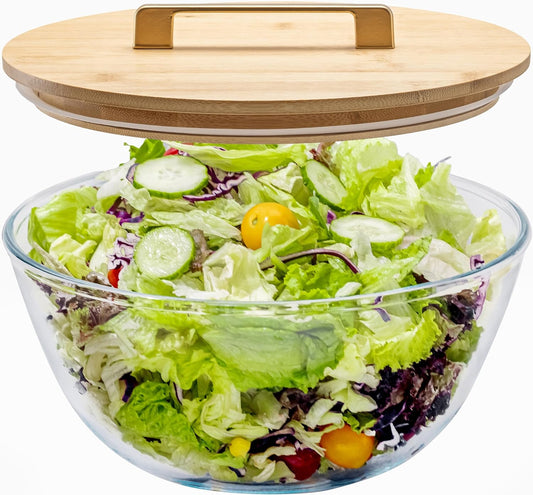 6.5Qt Extra Large Glass Mixing Bowl with Lid, Clear Large Salad Bowls with Airtight Bamboo Lid & Handle,Thickened Glass Big Mixing Bowls Cooking Bowl for Food Prep, Kitchen,Dinner, Borosilicate Glass