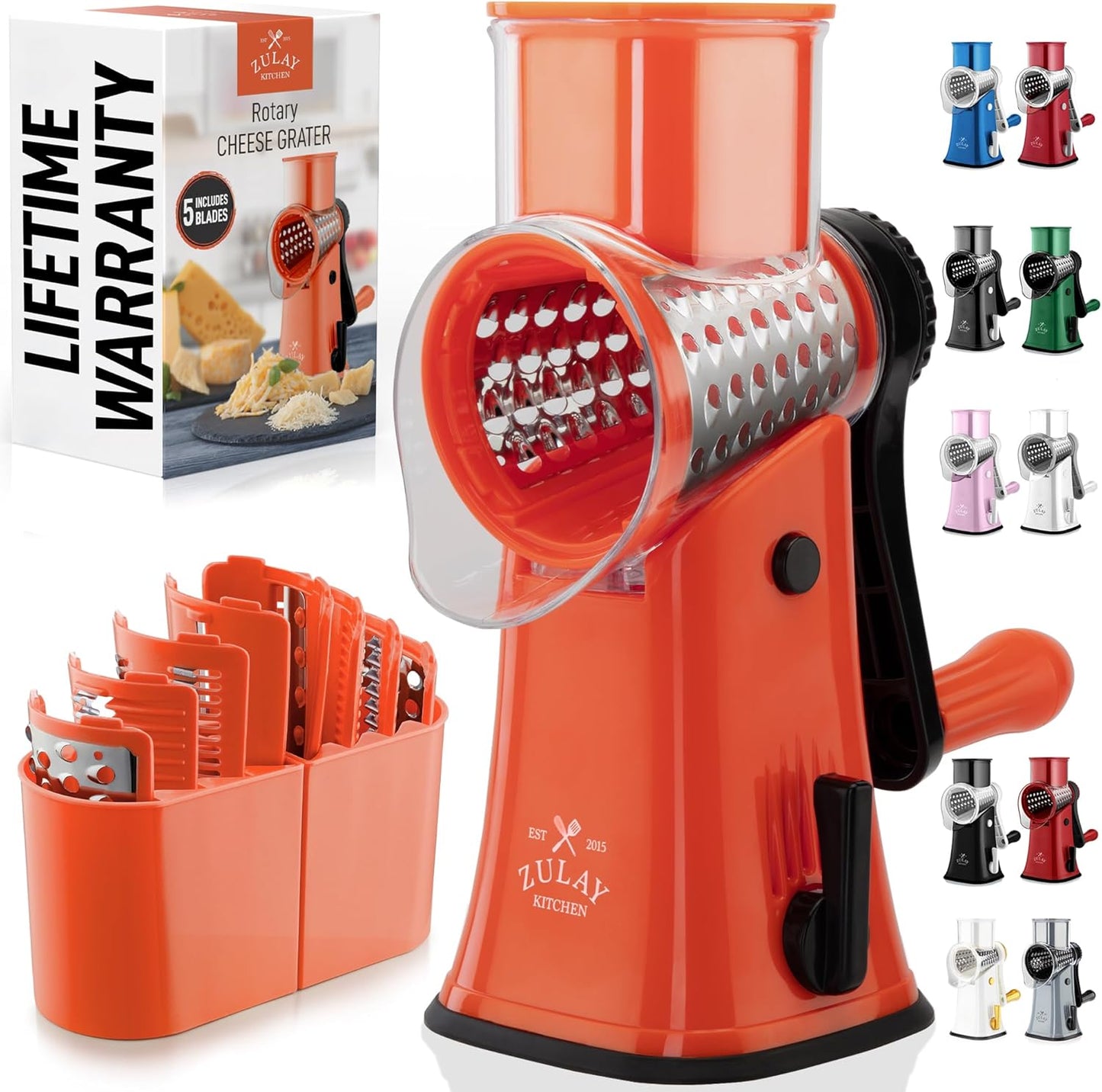 Zulay Kitchen Rotary Cheese Grater 5 Blade Cheese Shredder - Manual Hand Crank Cheese Grater With Reinforced Suction & 5 Interchangeable Drums - Easy to Use, Vegetable Chopper Round Mandoline Slicer - Colors A
