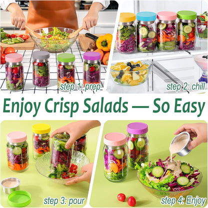 KTKUDY 4 Pack 32 oz Glass Salad Jars with Dressing Cups (Pod) - Meal Prep Salad Container for Lunch - Leakproof Mason Jars with Lids