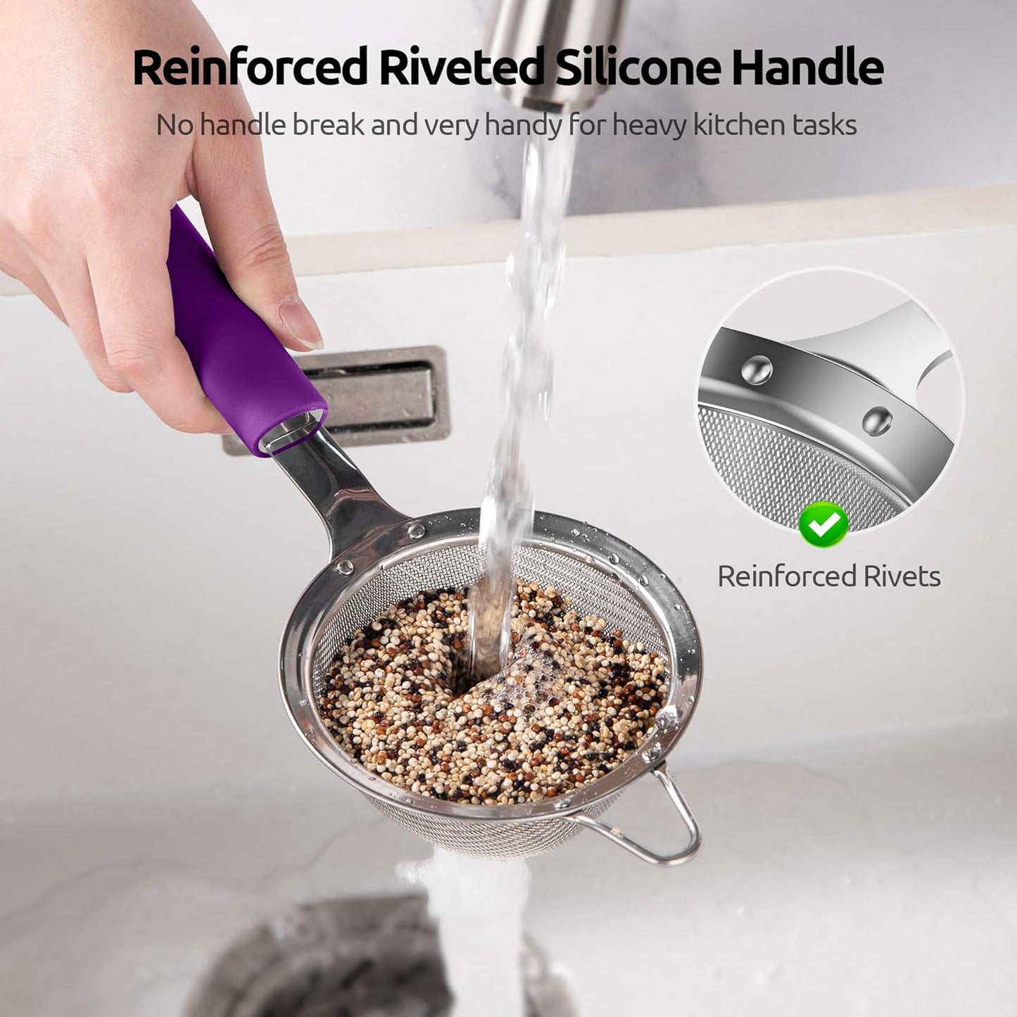 U-Taste Medium Fine Mesh Strainer: 18/8 Stainless Steel 4.73in 30 Mesh Kitchen Food Sieve with Sturdy Riveted Silicone Handle, Heavy Duty Deep Handheld Metal Colander for Rice, Quinoa, Flour (Black)
