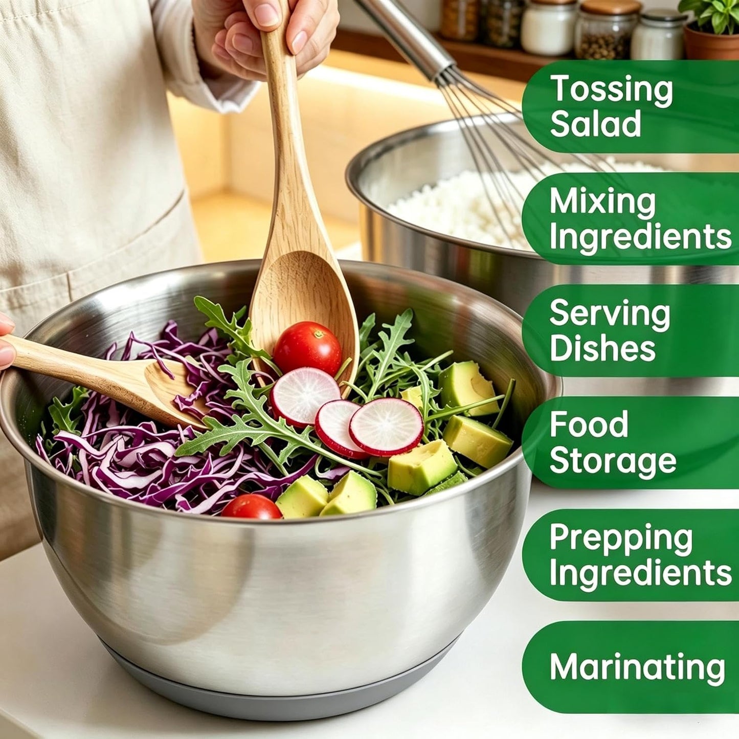 Deedro Premium Mixing Bowls with Airtight Lids Set, 22Pcs Thicker Stainless Steel Mixing Bowl Set, Large Prep Metal Bowls, Non-Slip Silicone Base Nesting Bowls for Kitchen, 1.5/2/3/4/5 QT, Khaki