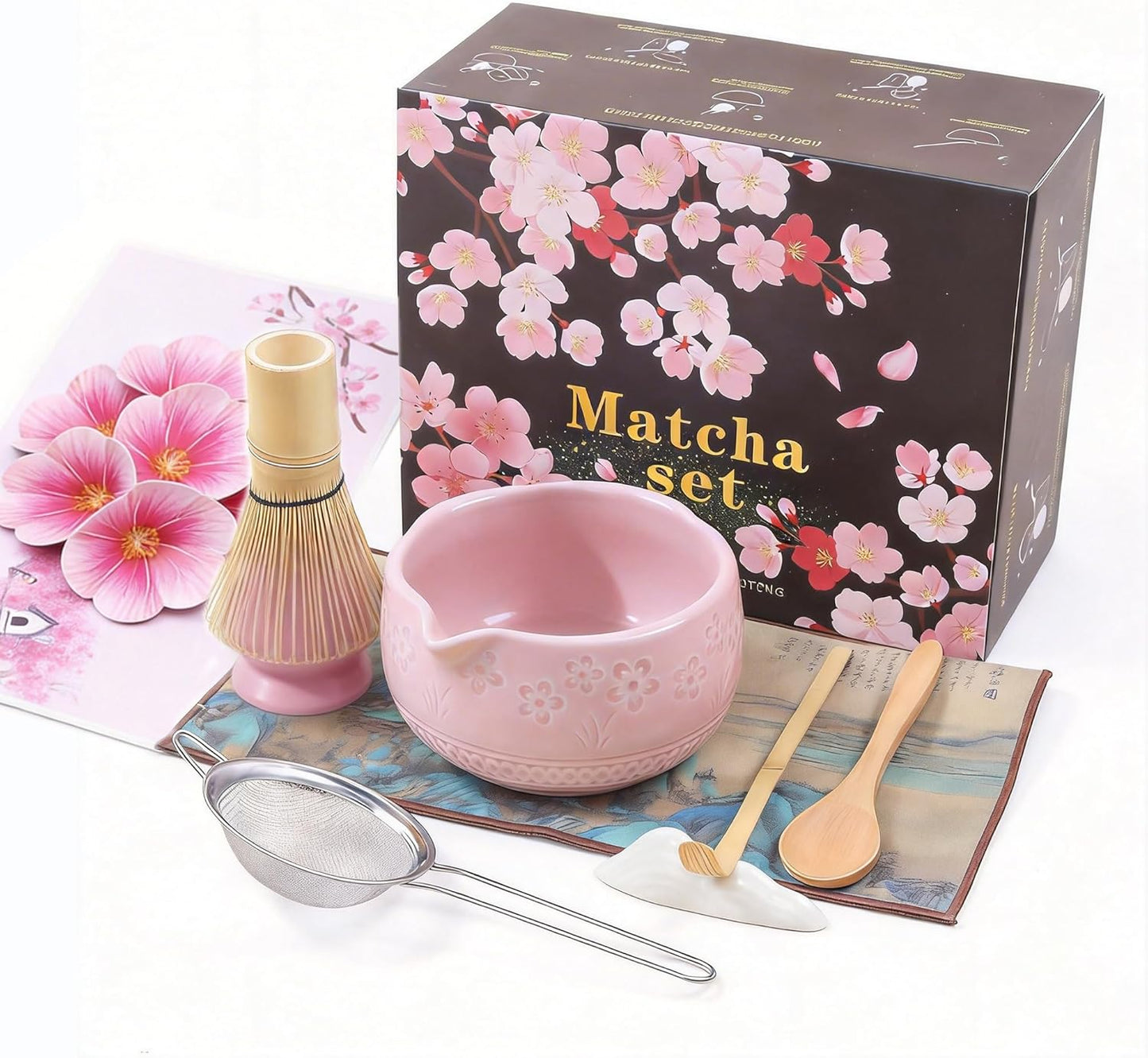 9 Pcs Matcha Set,Matcha Whisk Set,Matcha Kit,Complete Matcha Kit with Matcha Bowl,Whisk & Holder, Spoon/Scoop & Rester,Sifter & Tea Towel,Gifts for Women with Greeting Card (Cherry Blossom)