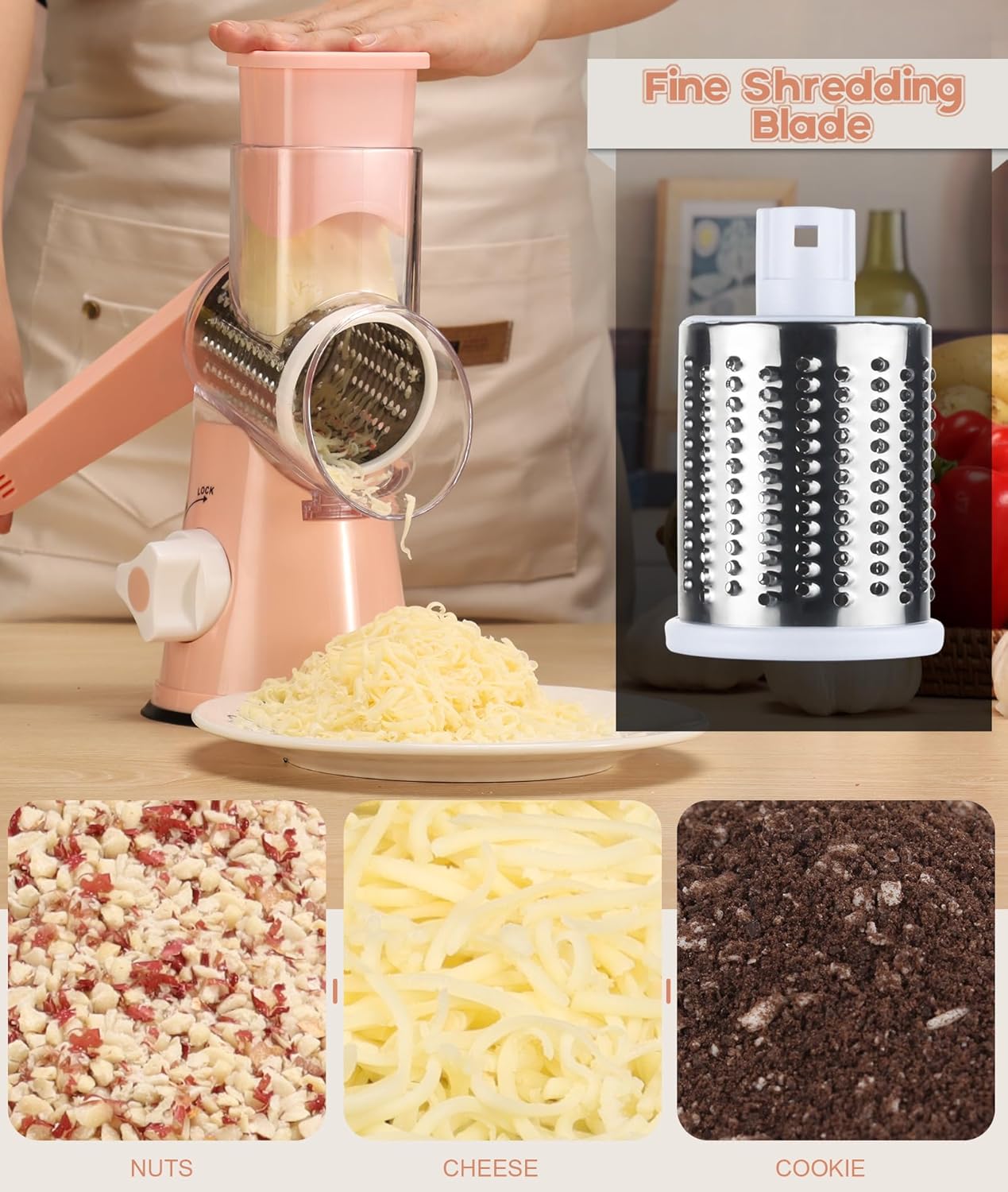 Ourokhome Rotary Cheese Grater Hand Crank, Kitchen Shredder Speed Mandolin Slicer Nut Grinder with Handle and Drum Blades for Cheese, Vegetable, Walnut, Chocolate, Potato, Carrot, 3 Blades, Dark Blue