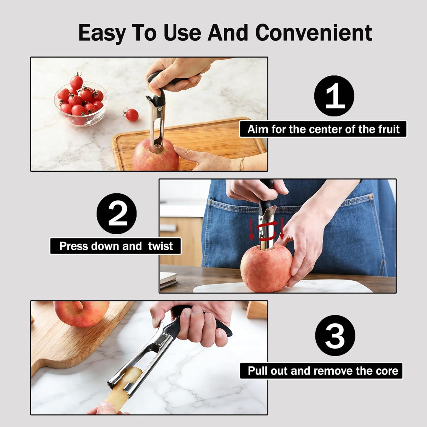Apple Corer, Comfortable Handle and Sharp Serrated Blade Apple Core Remover, Sturdy and Easy to Use for Apple and Pear Core, Dishwasher Safe - Black