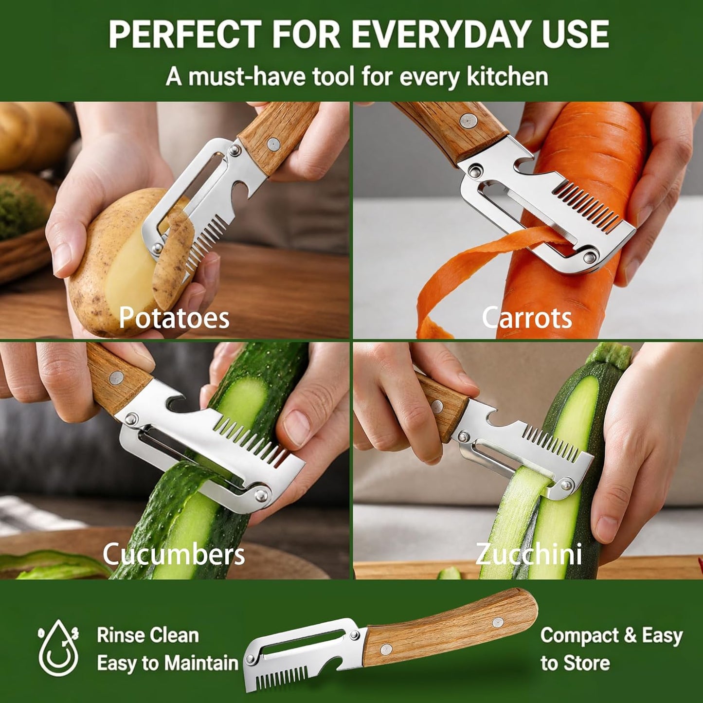 2 Pack Multi-Functional Vegetable Peeler, 3 in 1 Multi Functional Wooden Handle Peeler and Bottle Opener, Kitchen Gadgets Tool for Fruit Pumpkin Peeling Potato Carrot Veggie Peeler