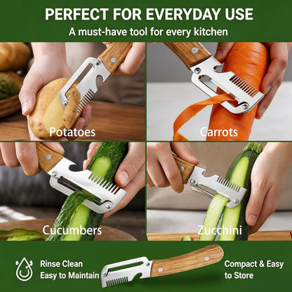 2 Pack Multi-Functional Vegetable Peeler, 3 in 1 Multi Functional Wooden Handle Peeler and Bottle Opener, Kitchen Gadgets Tool for Fruit Pumpkin Peeling Potato Carrot Veggie Peeler