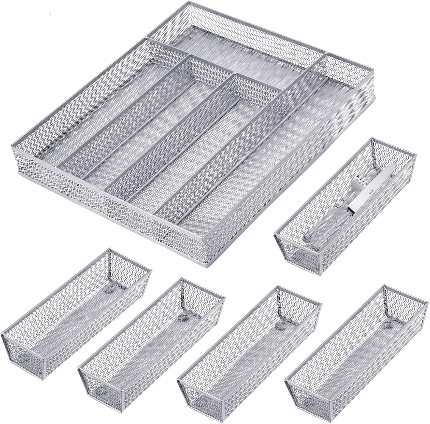Neudeco Silverware Drawer Organizer - 5 Compartment Cutlery Tray with Non-Slip Feet, Mesh Wire Flatware Storage Divider for Kitchen, Bedroom, Living Room (Silver)