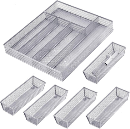 Neudeco Silverware Drawer Organizer - 5 Compartment Cutlery Tray with Non-Slip Feet, Mesh Wire Flatware Storage Divider for Kitchen, Bedroom, Living Room (Silver)