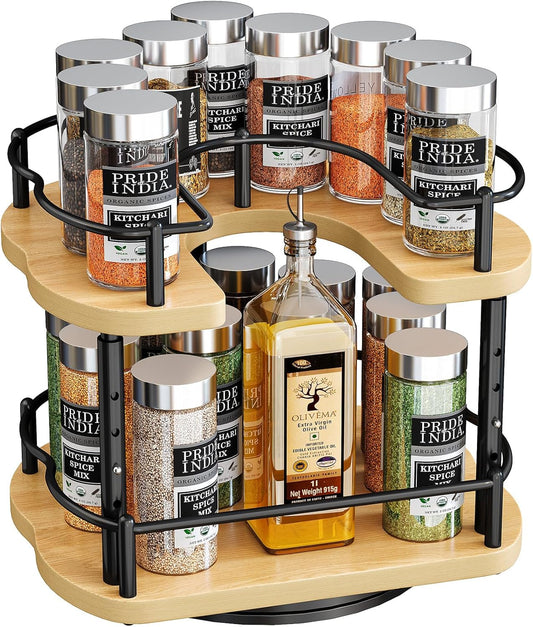 Lazy Susan Organizer Spice Rack - Spice Organization for Cabinet Height Adjustable Rotating Lazy Turntable, Pantry Kitchen Wood Revolving Seasoning Organizer (Vintage, 12 Inch)