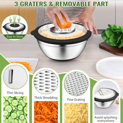 P&P CHEF 4-In-1 Stainless Steel Colander with Bowl Set, Rotatable Strainers for Kitchen, Fruit Cleaner, Washing Fruit & Draining Pasta, Mixing Bowl and Lid with Grater for Salad, Khaki
