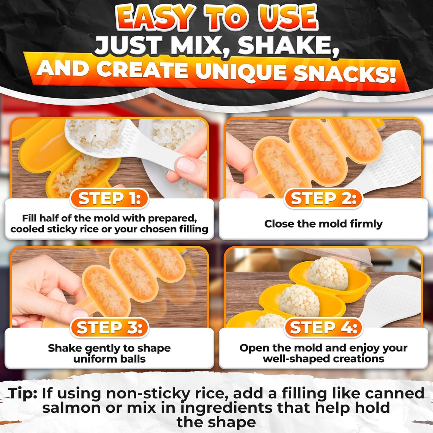 Rice Ball Mold - Mini Rice Ball Maker Mold with 3 Bite-Size Portions, Plastic Shaker with Scoop for Fast Shake Shaping – Versatile Tool for Bento Meals, Temari Sushi, Yaki-Onigiri & Creative Plating