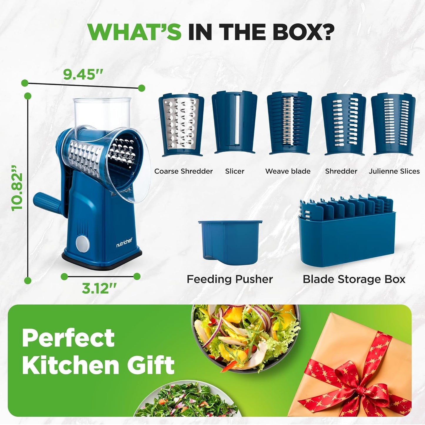 NutriChef 5 in 1 Cheese Grater & Shredder | 5 Different Blades for Thin, Thick, Julienne Strips, Wavy, & Straight Strips | Includes Hand Crank, Strong Suction Base & Storage Container | Black