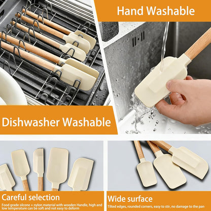 7 Piece Silicone Spatula Set, Food Grade Rubber Spatula Set with Wooden Handle, Heat Resistant Up to 600°F, Silicone Utensils Set for Baking, Cooking & Mixing, Jar, Non-Stick Kitchen Utensils
