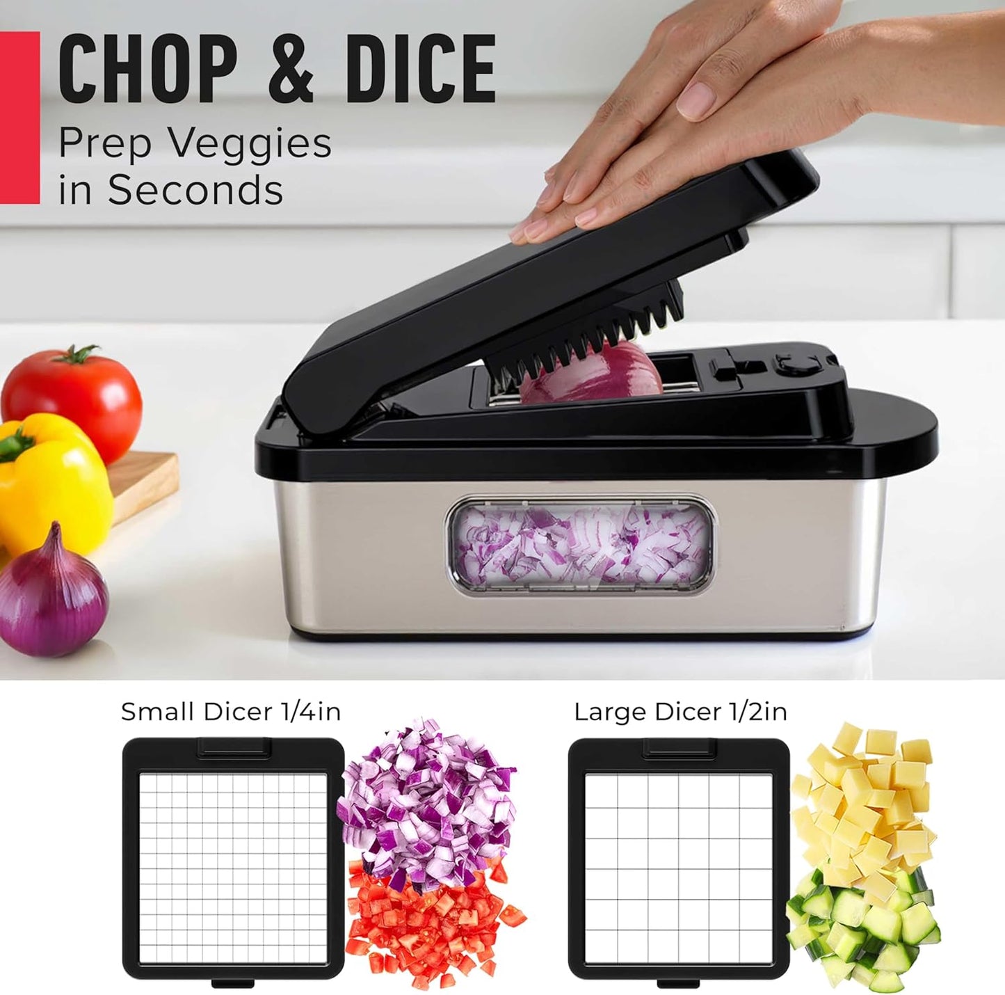 Mueller Pro-Series 10-in-1, 8 Blade Vegetable Chopper, Onion Mincer, Cutter, Dicer, Egg Slicer with Container, French Fry Cutter Potato Slicer, Home Essentials, Salad Chopper White Sand/Green